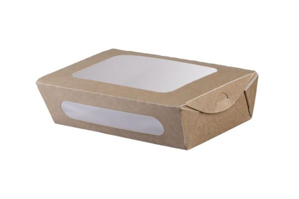 RECTANGULAR KRAFT FOOD CONTAINER 1000ml (20x12x5) WITH RPET DOUBLE WINDOW LID 4X50pcs. | Intertan S.A.