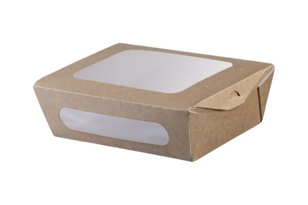Kraft Food Container 1500ml with Intergrated Lid and Double PET Window | Intertan S.A.