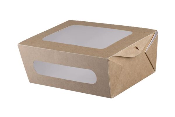 RECTANGULAR KRAFT FOOD CONTAINER 2000ml (20,4x14,2x7,4) WITH RPET DOUBLE WINDOW LID 4X50pcs. | Intertan S.A.
