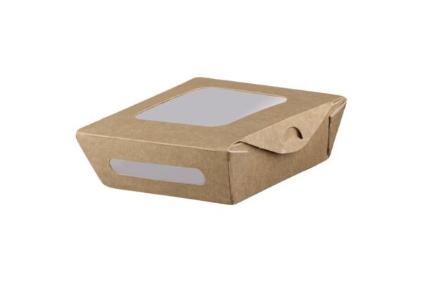 Kraft Paper Food Containers 500ml with Intergrated Lid and Double PET Window | Intertan S.A.