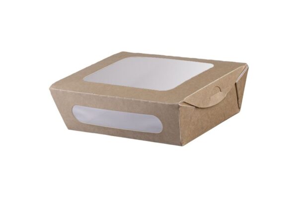 Kraft Food Container 750ml with Intergrated Lid and Double PET Window | Intertan S.A.