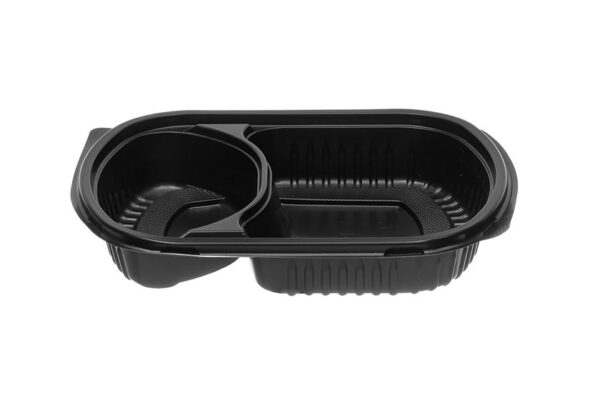 Black Rectangular Food Container M/W 2 Compartments 1050 ml with Transparent Lid | Intertan S.A.