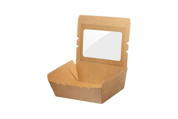 Kraft Paper Food Containers 500ml with Intergrated Lid with PET Window | Intertan S.A.