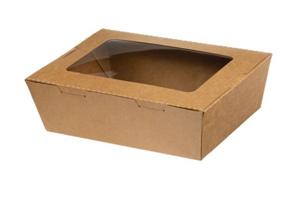 Kraft Paper Food Containers 500ml with Intergrated Lid with PET Window | Intertan S.A.