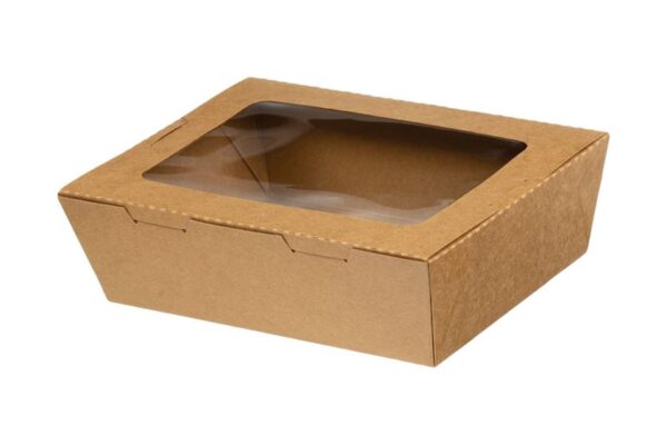 Kraft Paper Food Containers 700ml with Intergrated Lid with PET Window | Intertan S.A.