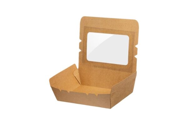 Kraft Paper Food Containers 900ml with Intergrated Lid with PET Window | Intertan S.A.