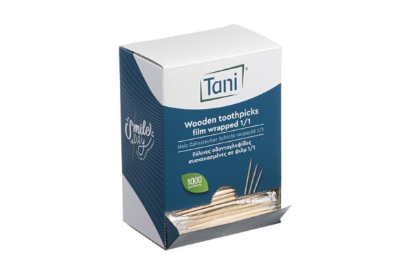 Wooden Toothpicks in Paper Box Wrapped 1/1 in Transparent Film 6x24x300 pcs. FSC® 100% | Intertan S.A.