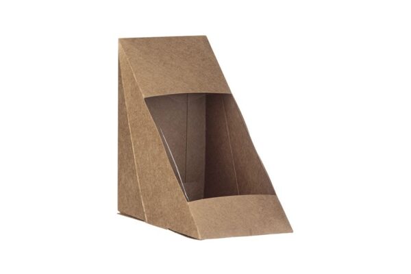 Food Box Kraft Triangle with Hinged Window R-PET for Sandwich LARGE 12x12x7,2 cm. | Intertan S.A.