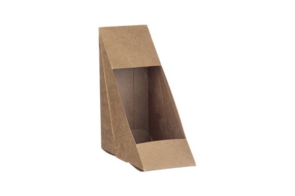 Food Box Kraft Triangle with Hinged Window R-PET for Sandwich SMALL 12x12x7,2 cm. | Intertan S.A.