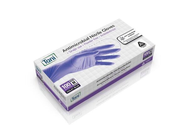 Antimicrobial Nitrile Gloves Violet Blue Powder-free MDD Class I - Medium | Intertan S.A.