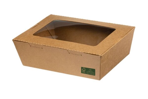 Kraft Food Container FSC® 500ml & Intergrated Lid with PET Window | Intertan S.A.